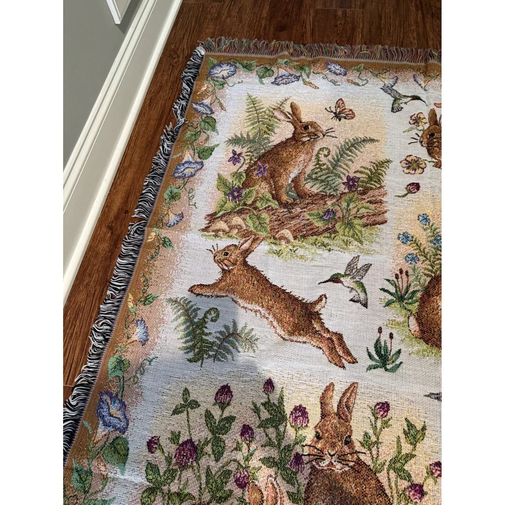 Crown Crafts Woven Tapestry Throw Blanket Rabbit Hummingbird Floral Made in USA
